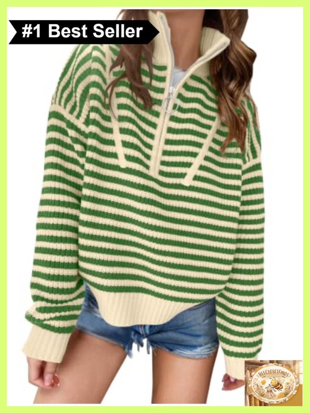 Womens Striped Quarter Zip Knit Sweater Pullover Loose Fall Top
